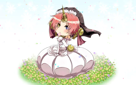 Chibi-style Berserker of Black from Fate/Apocrypha in a white dress, sitting on a flower-filled grassy patch, anime HD desktop wallpaper and background.