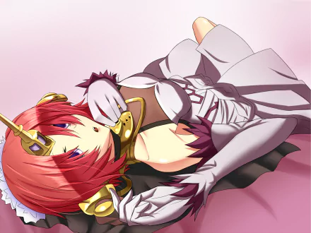 Berserker of Black (Fate/Apocrypha) anime HD PC desktop wallpaper: reclining red-haired warrior in maid-like outfit with horned headpiece on a pink background.