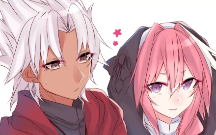 HD PC anime desktop wallpaper: close-up of Shirou Kotomine and Rider of Black (Fate/Apocrypha), showing white‑haired Shirou and pink‑haired Rider against a soft pastel background.