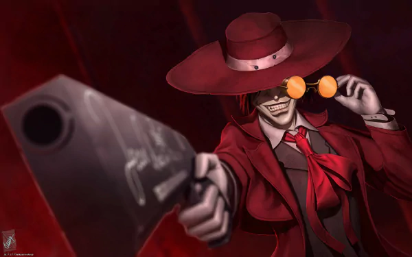 HD desktop wallpaper featuring Alucard from the anime Hellsing, showcasing his red suit, wide-brimmed hat, and signature orange glasses, with a dramatic pose and a dark background.