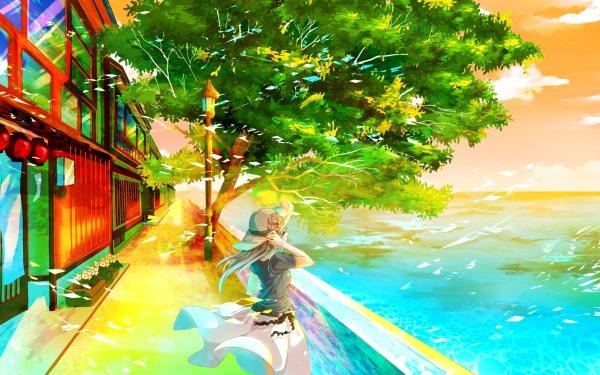 Anime Original Blush Dress Flower White Hair Hat Landscape Long Hair Scenic Tree Water HD Wallpaper | Background Image