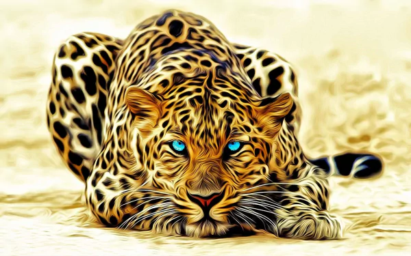 Oil painting of a leopard with glowing blue eyes crouched on sand, rendered in 4K Ultra HD as a PC desktop wallpaper and background.