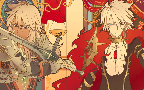 HD anime desktop wallpaper featuring Lancer of Red and Saber of Black from Fate/Apocrypha in detailed, vibrant artwork.