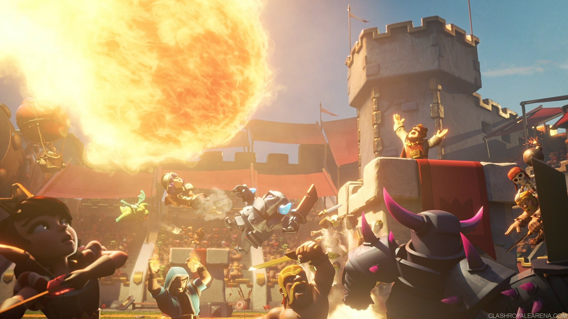 HD desktop wallpaper and background featuring an intense battle scene from the video game Clash Royale, with characters in combat and a massive fireball in the sky near a castle.