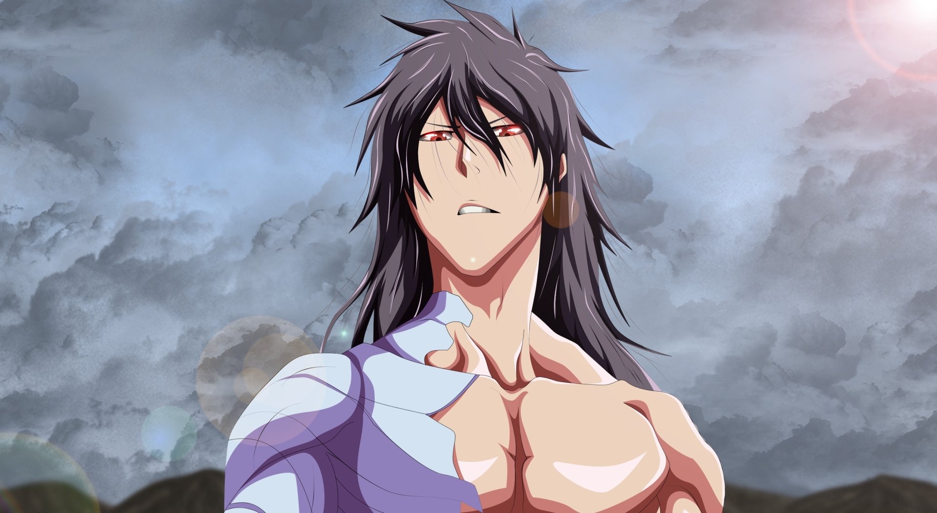 HD desktop wallpaper featuring Ichigo Kurosaki from Bleach, depicted with long black hair and intense red eyes against a dramatic sky background.