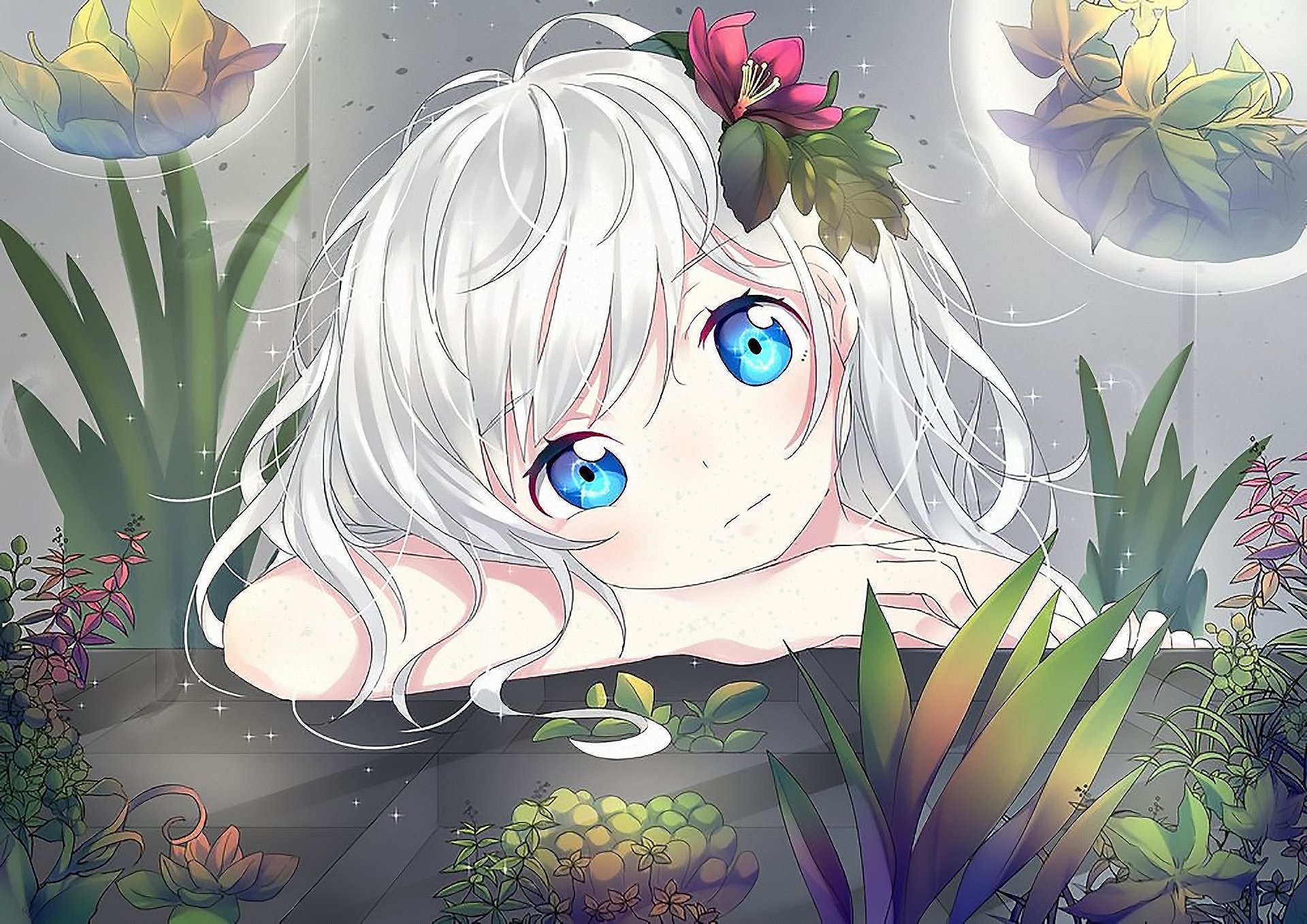 Anime-style HD desktop wallpaper featuring a character with white hair, striking blue eyes, and a flower adornment, surrounded by colorful aquatic plants and bubbles.