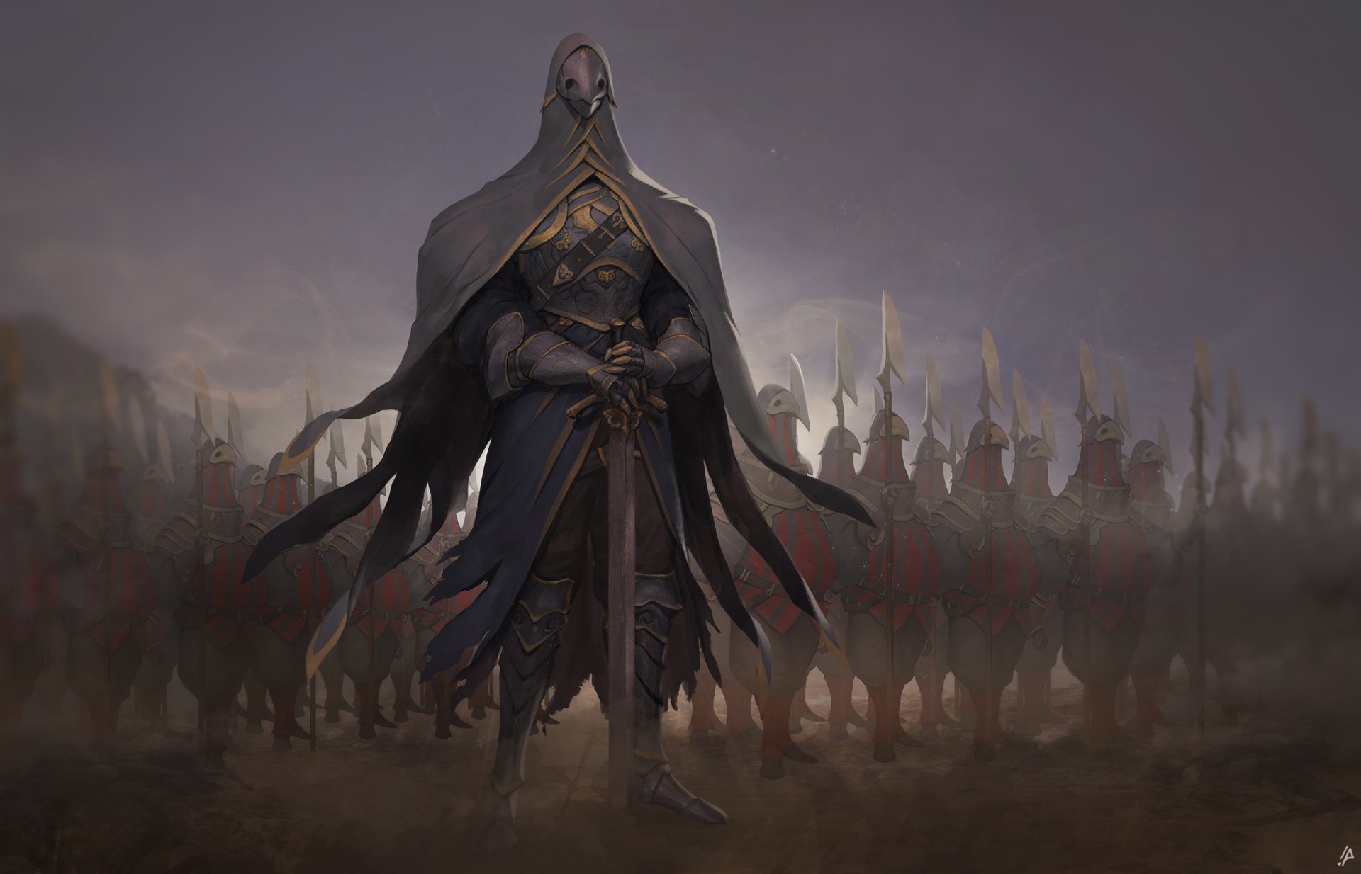 A cloaked fantasy warrior in detailed armor stands with a sword, spear, and knightly presence against a misty battlefield, captured in HD for a dramatic PC wallpaper.