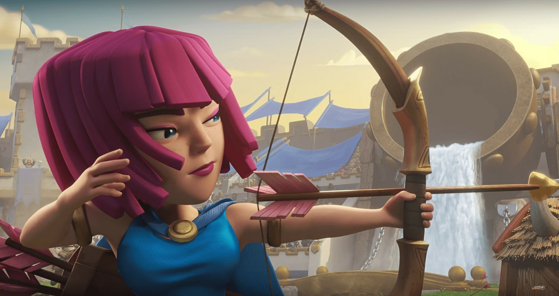 HD desktop wallpaper of a Clash Royale character drawing a bow with a castle background. The character has distinctive purple hair and a focused expression.