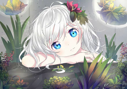 Anime-style HD desktop wallpaper featuring a character with white hair, striking blue eyes, and a flower adornment, surrounded by colorful aquatic plants and bubbles.