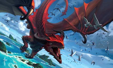 HD PC desktop wallpaper featuring a fierce red dragon soaring among birds over a coastal landscape, blending fantasy with vivid, dynamic action.