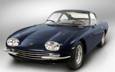 Dark blue Lamborghini 400 GT classic coupe, three-quarter front view on a neutral gradient background — HD PC desktop wallpaper