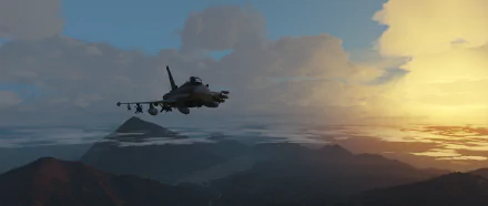 Grand Theft Auto V video game HD PC desktop wallpaper: a fighter jet flies over misty mountains toward a glowing sunset.