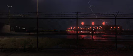 Dark, stormy night scene from Grand Theft Auto V featuring lightning and barbed wire fencing, captured as an HD PC desktop wallpaper background.