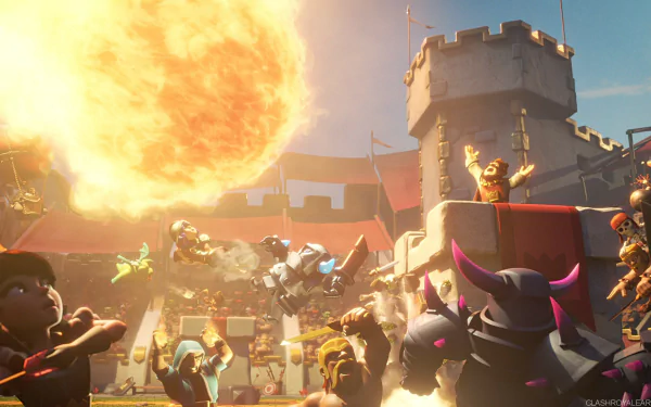 HD desktop wallpaper and background featuring an intense battle scene from the video game Clash Royale, with characters in combat and a massive fireball in the sky near a castle.
