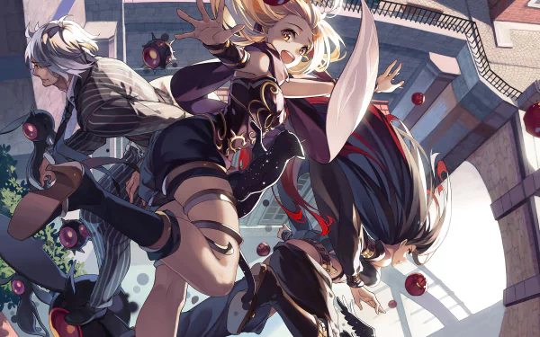 HD PC desktop wallpaper featuring Kat and Raven from the video game Gravity Rush 2 in dynamic action poses against a city backdrop.
