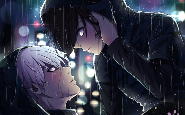 Anime wallpaper featuring Ken Kaneki and Touka Kirishima from Tokyo Ghoul, under the rain in a tender moment with a cityscape background.