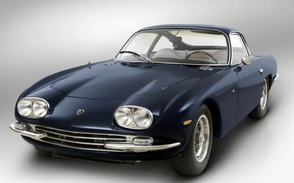 Dark blue Lamborghini 400 GT classic coupe, three-quarter front view on a neutral gradient background — HD PC desktop wallpaper