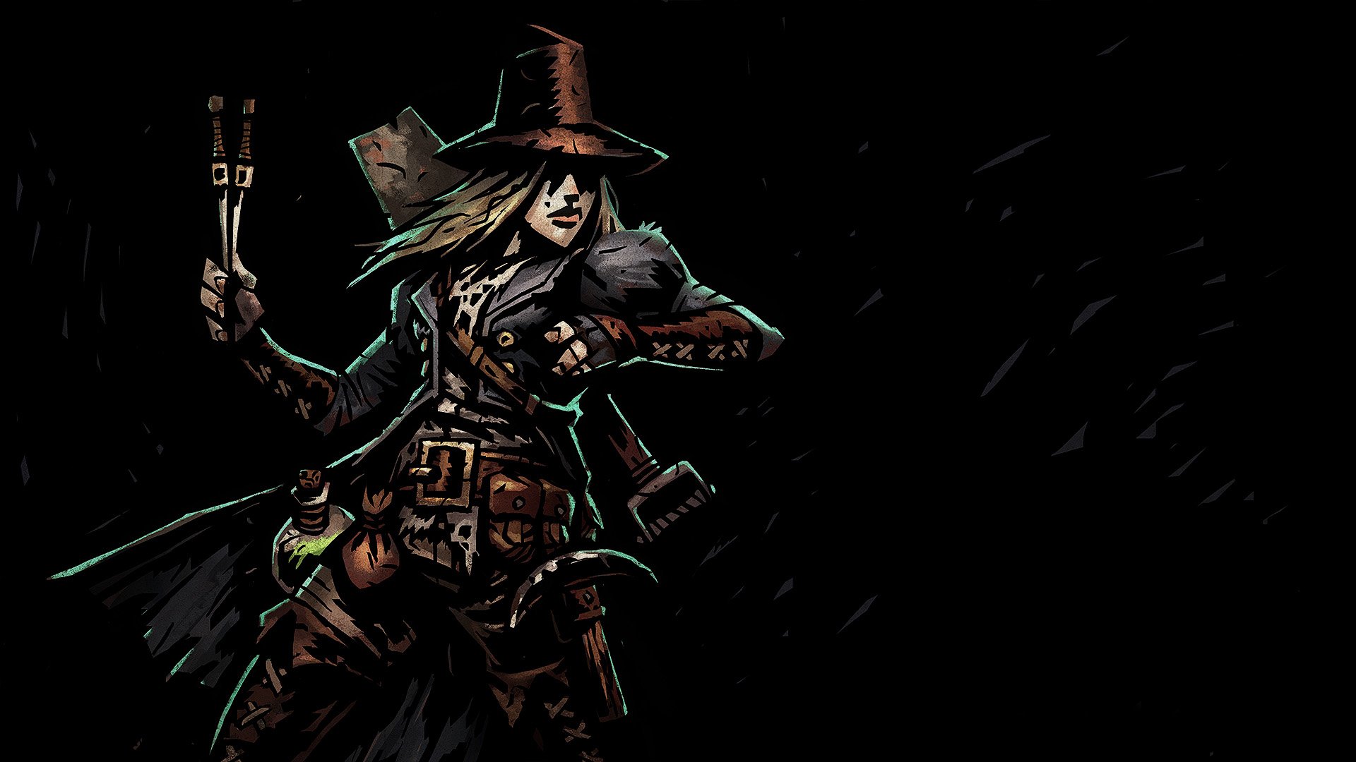 HD desktop wallpaper featuring a Darkest Dungeon video game character dressed in dark, detailed attire holding a torch against a black background.
