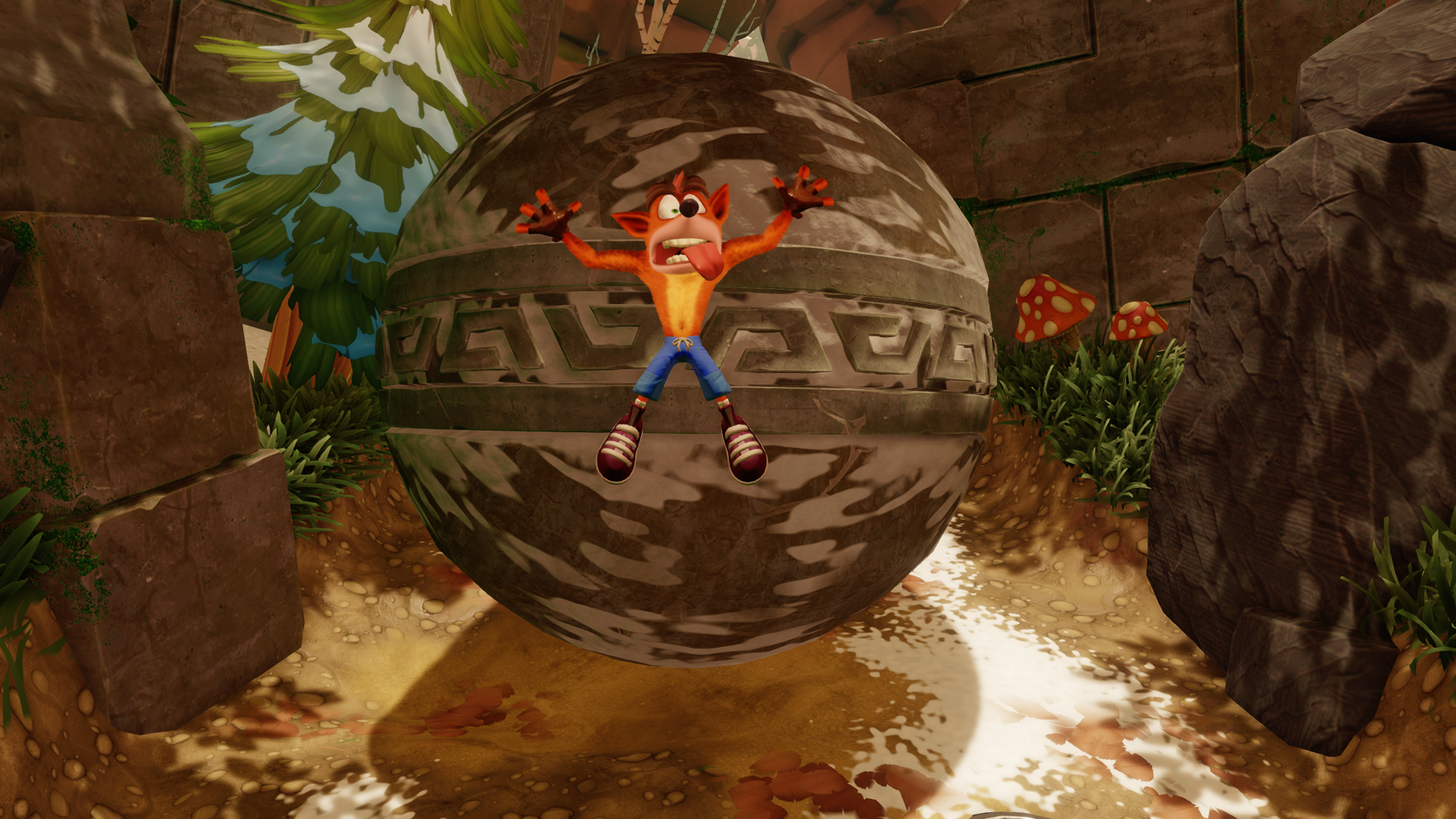 HD PC desktop wallpaper featuring Crash Bandicoot character from the video game Crash Bandicoot N. Sane Trilogy, depicted hanging onto a large rolling stone ball.