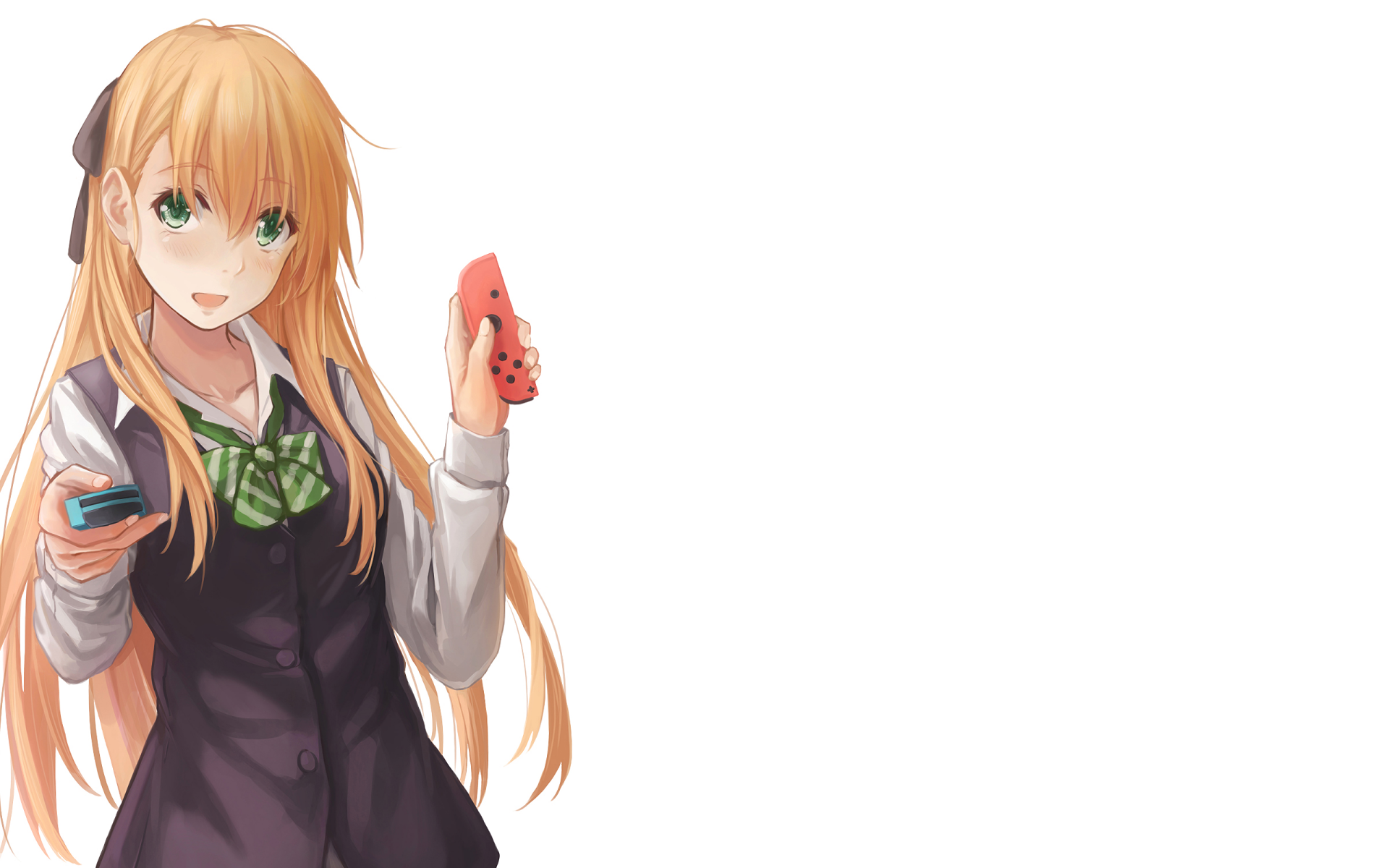 HD PC desktop wallpaper featuring Karen Tendou, an anime character holding gaming controllers, embodying a vibrant gamer aesthetic.