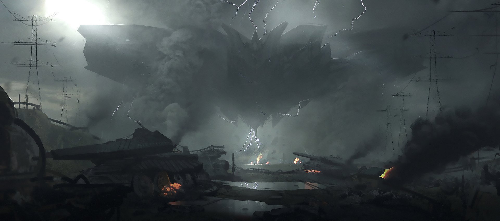 Apocalyptic sci-fi battle scene with dark stormy skies, lightning, and ruined structures, depicted in an HD PC desktop wallpaper background.