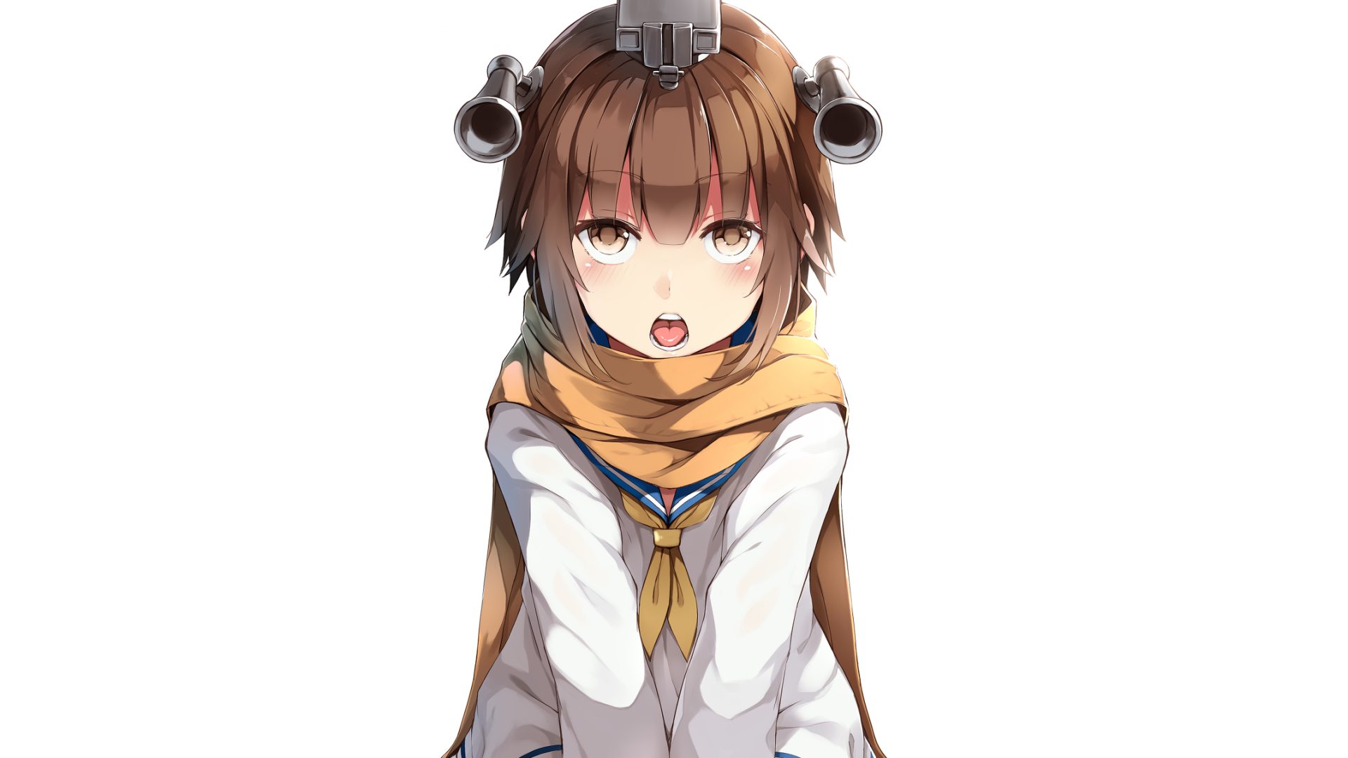 Yukikaze (Kantai Collection) anime portrait: youthful ship girl in sailor uniform and scarf, surprised expression against white space — HD PC desktop wallpaper/background.