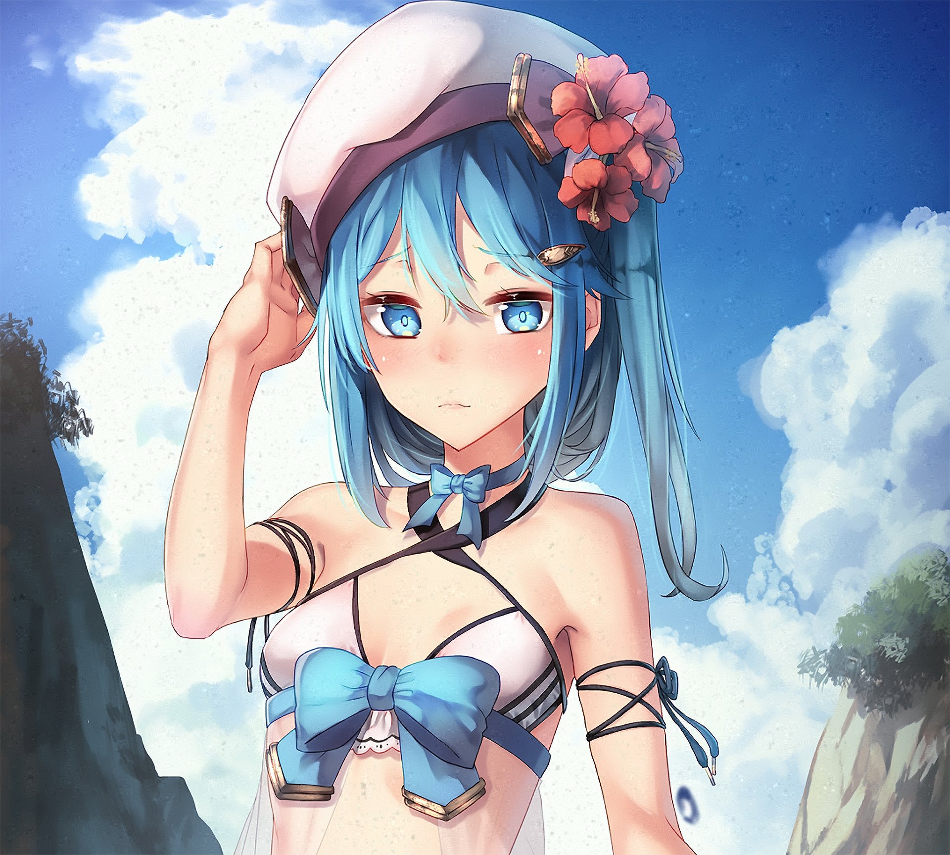 Download Blue Eyes Hat Flower Blue Hair Anime Original  HD Wallpaper by saraki