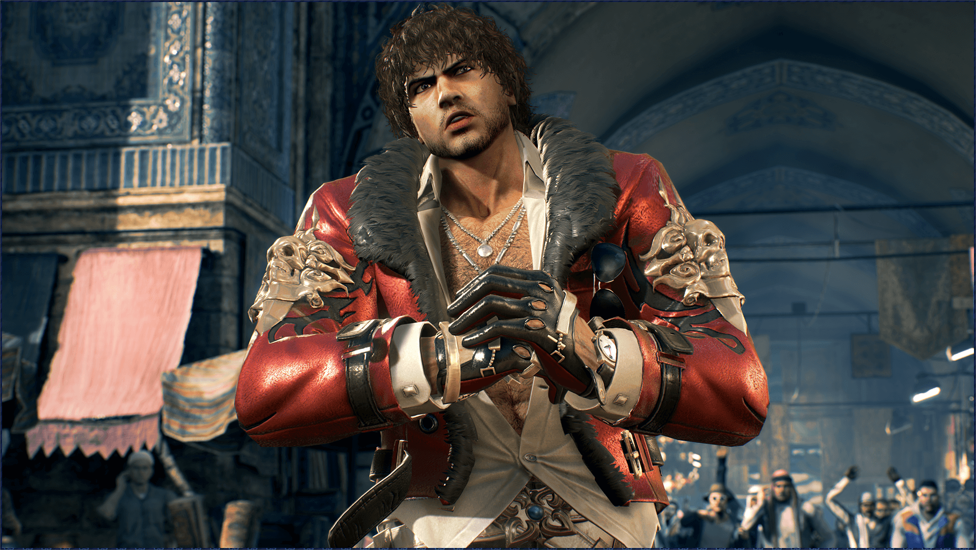 HD PC desktop wallpaper of Miguel Caballero Rojo from Tekken 7, a video game character in a red coat and leather gloves standing in an ornate arena background.