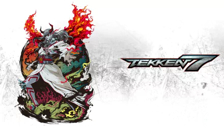 HD PC desktop wallpaper/background of Devil Kazumi from the video game Tekken 7 — a fiery horned fighter in flowing robes at left with the Tekken 7 logo on a textured white backdrop.