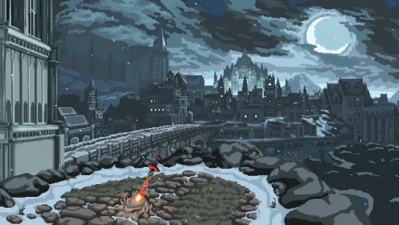HD pixel art desktop wallpaper featuring an eerie scene from Dark Souls III, with a burning sword bonfire in the foreground and an ominous, medieval cityscape under a cloudy night sky in the background.