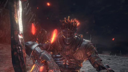 Dark Souls III knight in charred crown and armor, glowing embers and ash swirling over a ruined battlefield — 2K Quad HD PC desktop wallpaper/background from the video game.
