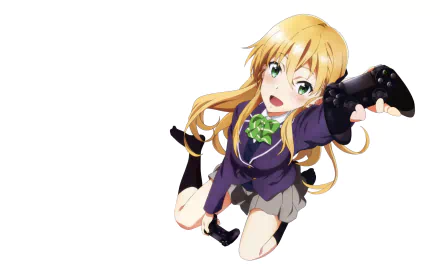 Anime character Karen Tendou with long blonde hair, wearing a school uniform, energetically holding a game controller in a dynamic pose on a white background.