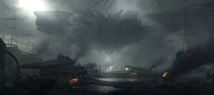 Apocalyptic sci-fi battle scene with dark stormy skies, lightning, and ruined structures, depicted in an HD PC desktop wallpaper background.