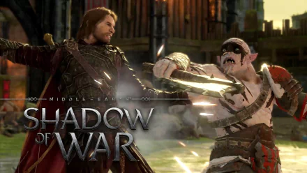 A HD desktop wallpaper featuring a dramatic battle scene from the video game Middle-earth: Shadow of War. The image shows a heroic figure fighting an orc, with the game title prominently displayed.