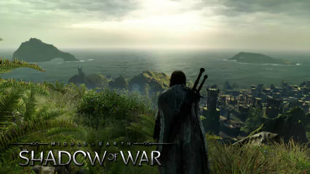 HD desktop wallpaper from Middle-earth: Shadow of War, depicting a vast landscape with a figure overlooking a city and mountains with the ocean visible in the background.