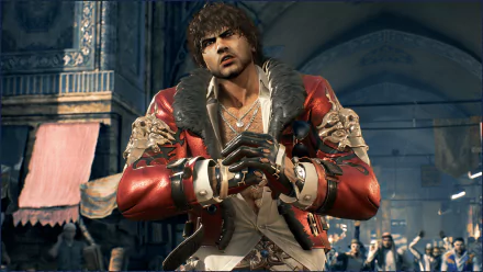 HD PC desktop wallpaper of Miguel Caballero Rojo from Tekken 7, a video game character in a red coat and leather gloves standing in an ornate arena background.
