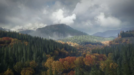 A stunning HD PC desktop wallpaper from the video game theHunter: Call of The Wild, featuring a misty mountain range and dense autumn forest under a cloudy sky.