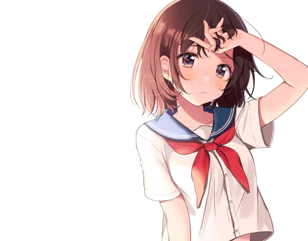 Anime-style original HD desktop wallpaper of a schoolgirl with short hair, black eyes, and a traditional school uniform, striking a thoughtful pose.
