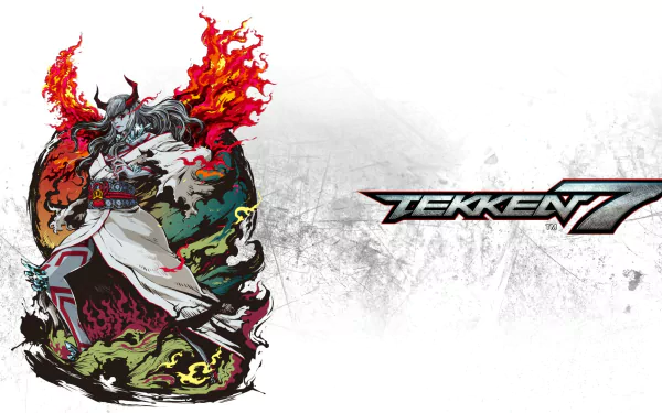 HD PC desktop wallpaper/background of Devil Kazumi from the video game Tekken 7 — a fiery horned fighter in flowing robes at left with the Tekken 7 logo on a textured white backdrop.