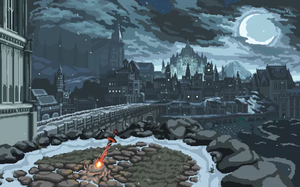 HD pixel art desktop wallpaper featuring an eerie scene from Dark Souls III, with a burning sword bonfire in the foreground and an ominous, medieval cityscape under a cloudy night sky in the background.