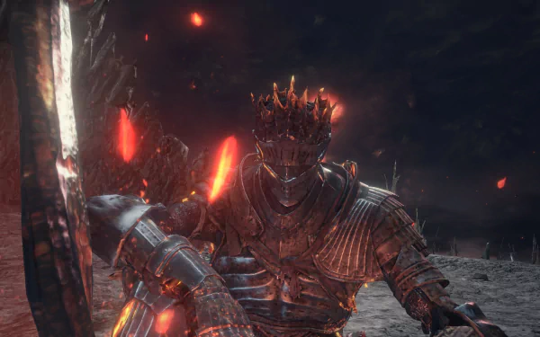 Dark Souls III knight in charred crown and armor, glowing embers and ash swirling over a ruined battlefield — 2K Quad HD PC desktop wallpaper/background from the video game.