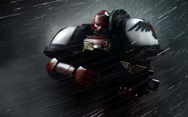 HD PC desktop wallpaper of a Warhammer 40k Space Marine from a video game, clad in red-and-white power armor, gripping a bolter as rain lashes across a dark, battle-scarred background.