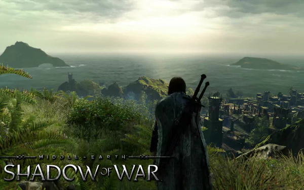 HD desktop wallpaper from Middle-earth: Shadow of War, depicting a vast landscape with a figure overlooking a city and mountains with the ocean visible in the background.