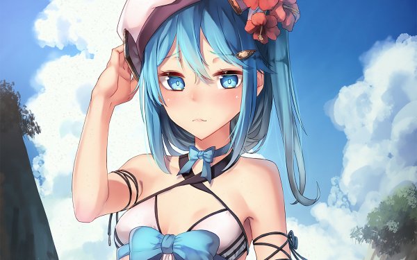 Anime Original Blue Hair Flower Bikini Hat Blue Eyes HD Wallpaper | Background Image