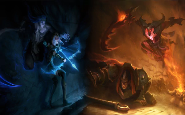 HD PC desktop wallpaper featuring Kayn from League of Legends in a dramatic contrast of blue and fiery orange tones, capturing the video game's dark and intense atmosphere.