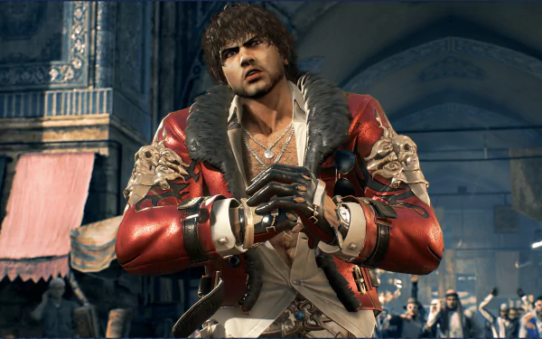 HD PC desktop wallpaper of Miguel Caballero Rojo from Tekken 7, a video game character in a red coat and leather gloves standing in an ornate arena background.