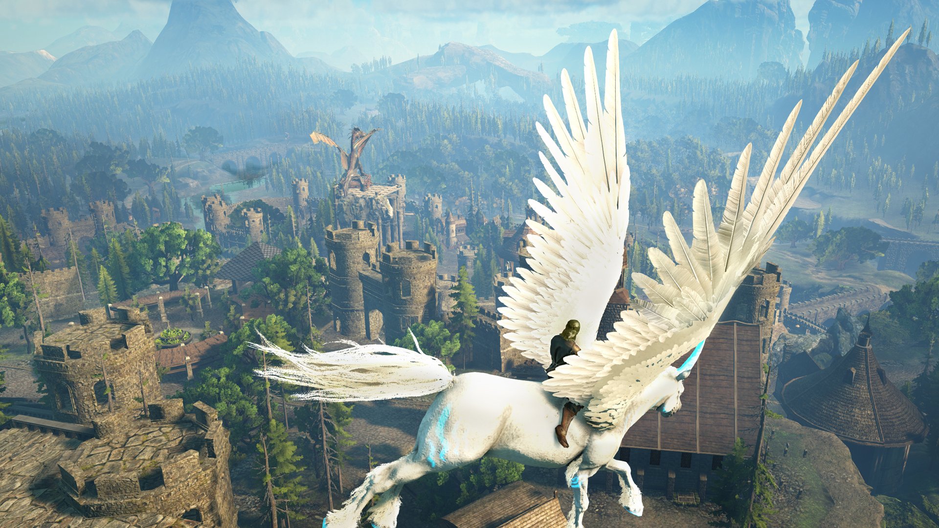 HD PC desktop wallpaper: a white pegasus soars above ruined castles and misty forests in the video game Dark and Light.