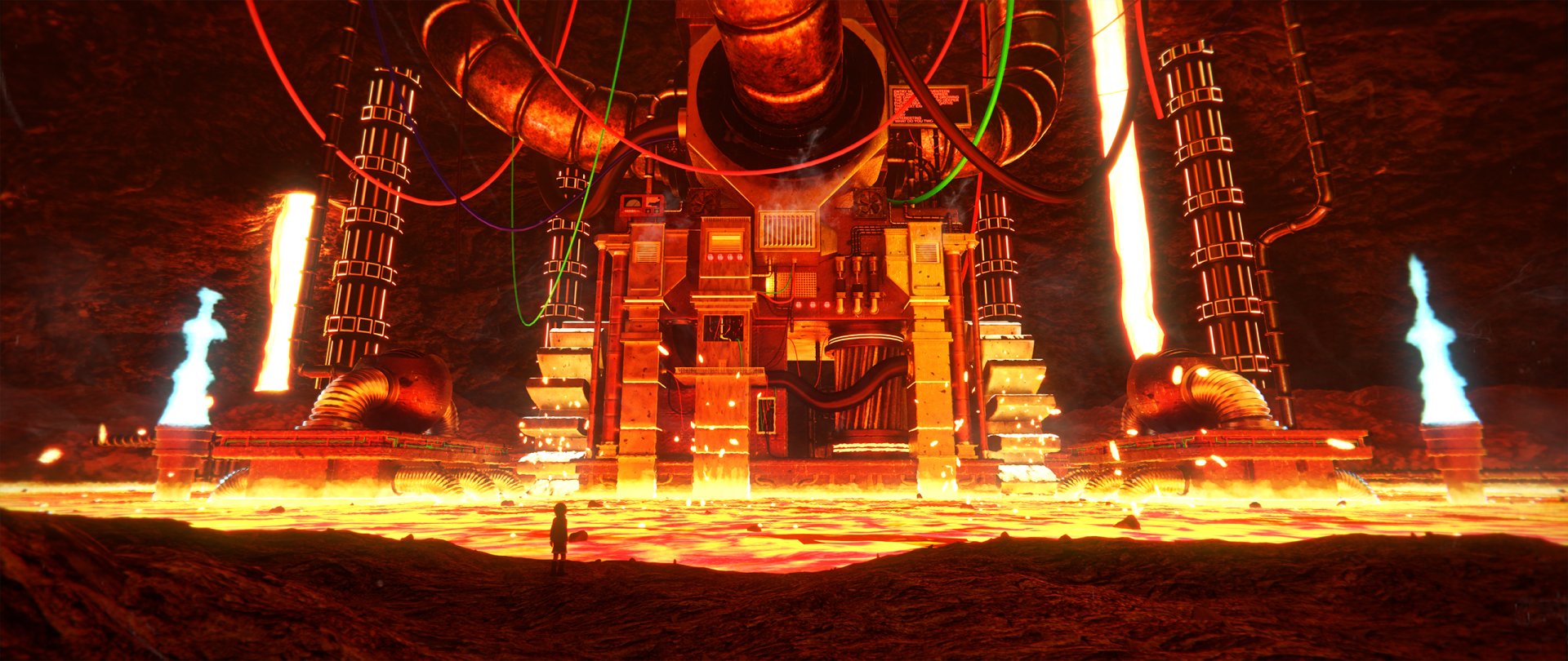 HD desktop wallpaper of a fantasy underground chamber: a massive mechanical building rising from molten lava, a lone child silhouetted nearby.