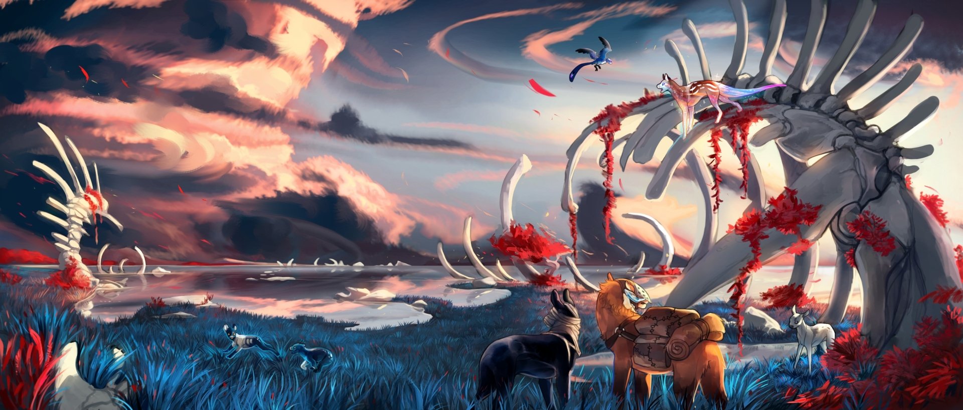 A vibrant fantasy landscape with massive bones and mythical animals under a dramatic sky, designed as an HD PC desktop wallpaper and background.