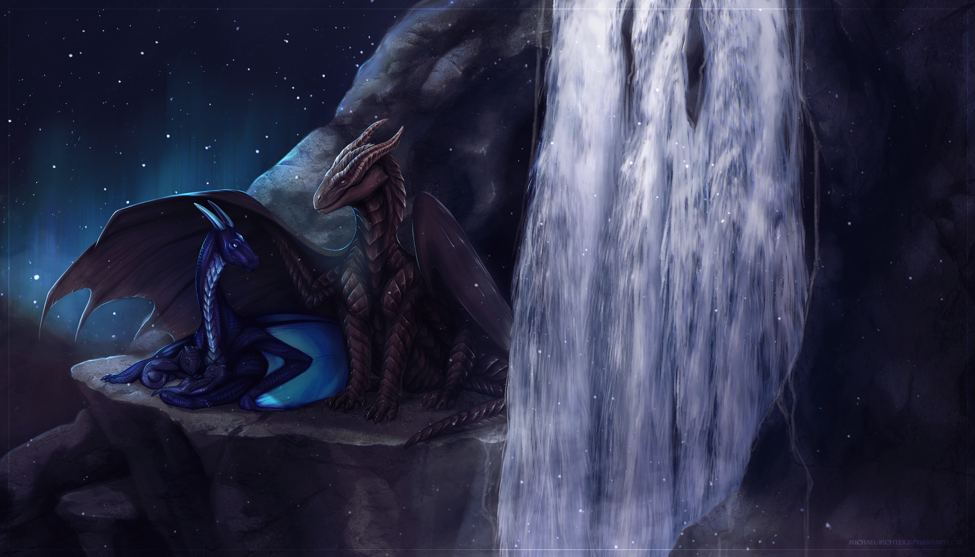 HD fantasy desktop wallpaper featuring two dragons resting beside a cascading waterfall under a starry night sky.